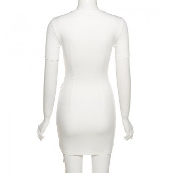 Simenual Lace Up Pockets Bandage Cargo Mini Dresses Streetwear White Short Sleeve Baddie Clothes Bodycon Club Dress Summer 2021